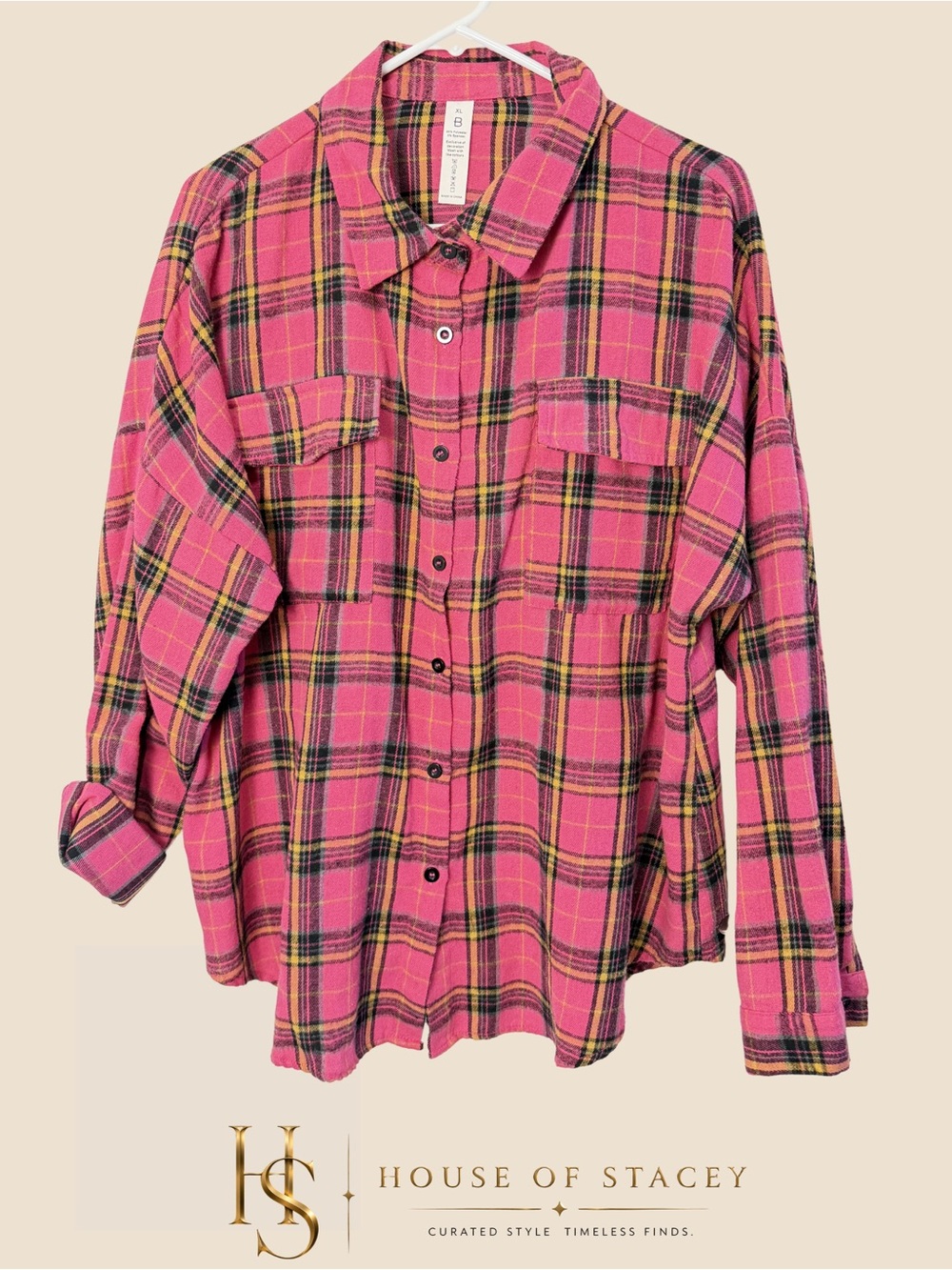 Pink Plaid Button Front Flannel Shirt XL Oversized Top